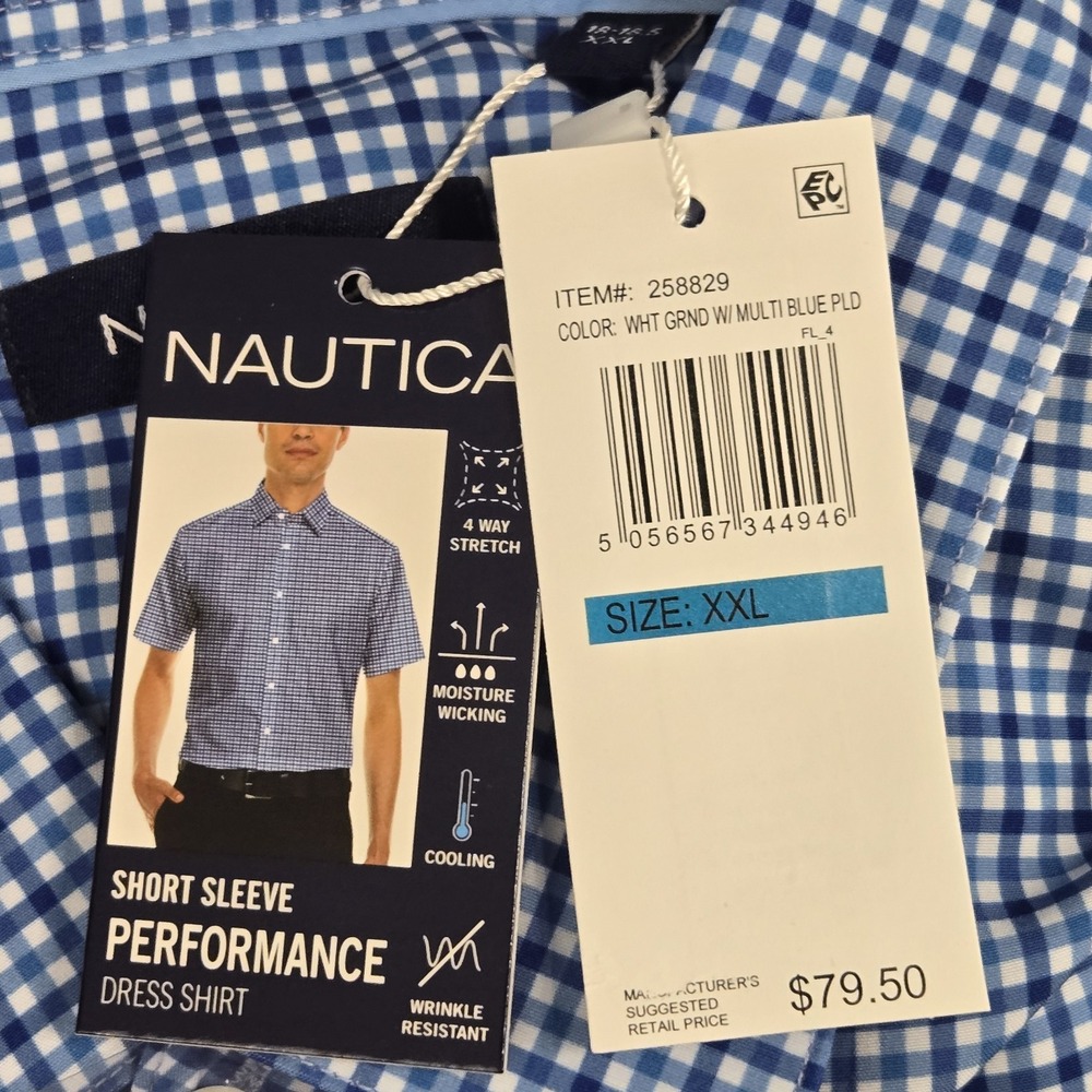 Nautica Mens XXL Blue White Gingham Performance Short Sleeve Dress Shirt - Picture 8 of 8